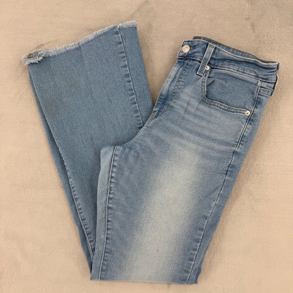 Levis 726 Flare Jeans Womens 31 Light Wash High Rise Raw Hem Strech Denim Blue